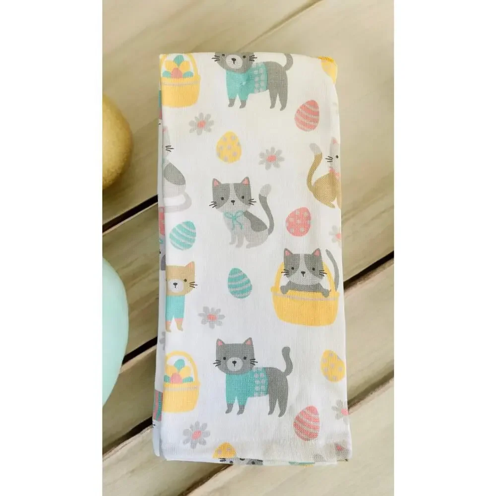 NWT Yellow Spring Easter Cats in Baskets Eggs Kittens 3 piece Kitchen Towel Set